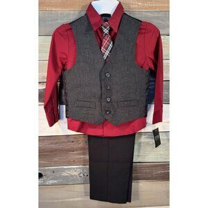 TFW Boys Long Sleeve 4 Pc Burgundy Red & Black Dress Pant Suit Reg 4 NEW